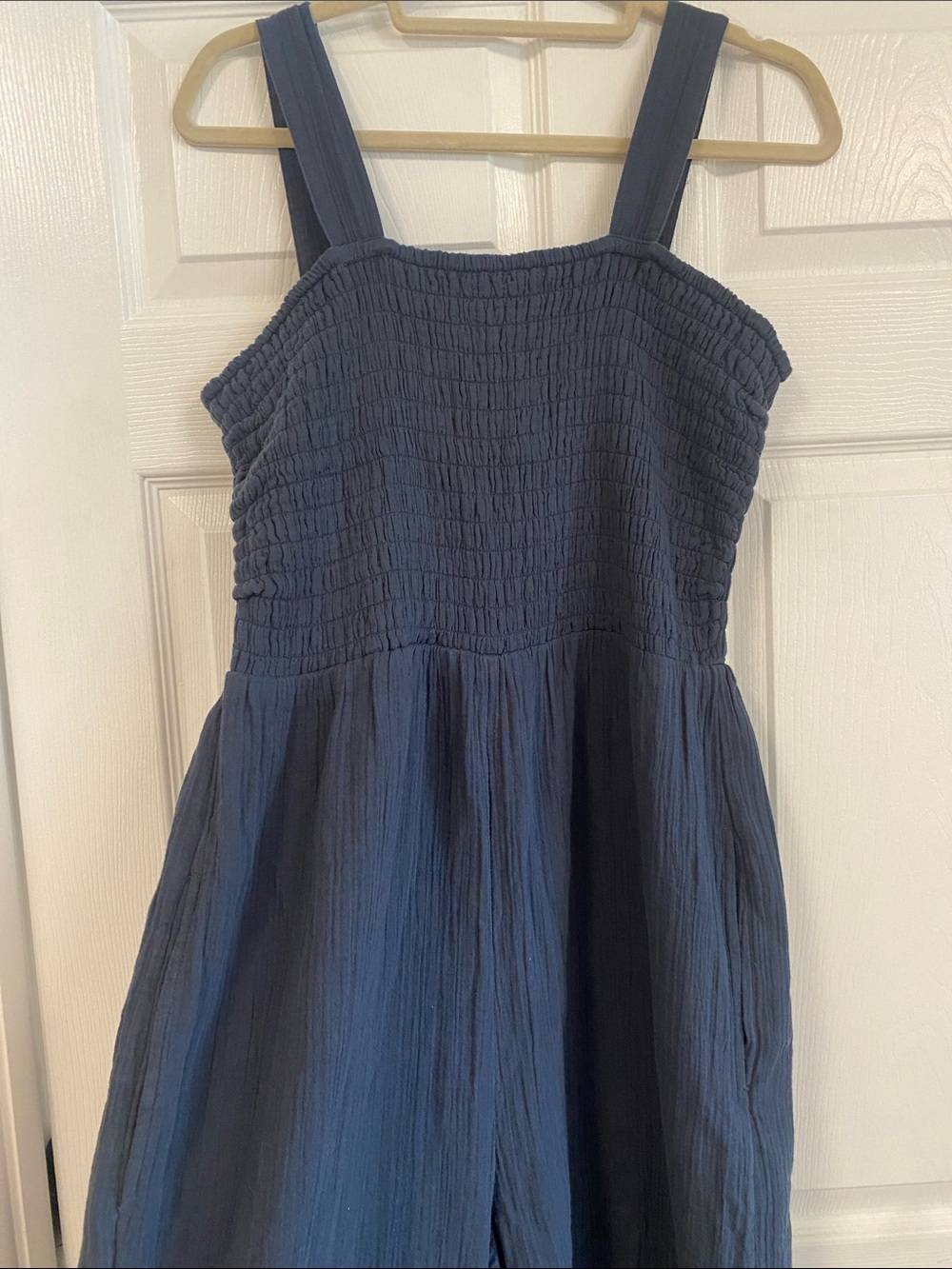 Quince Navy Smocked Strap Wide-Leg Jumpsuit - Picture 3 of 8